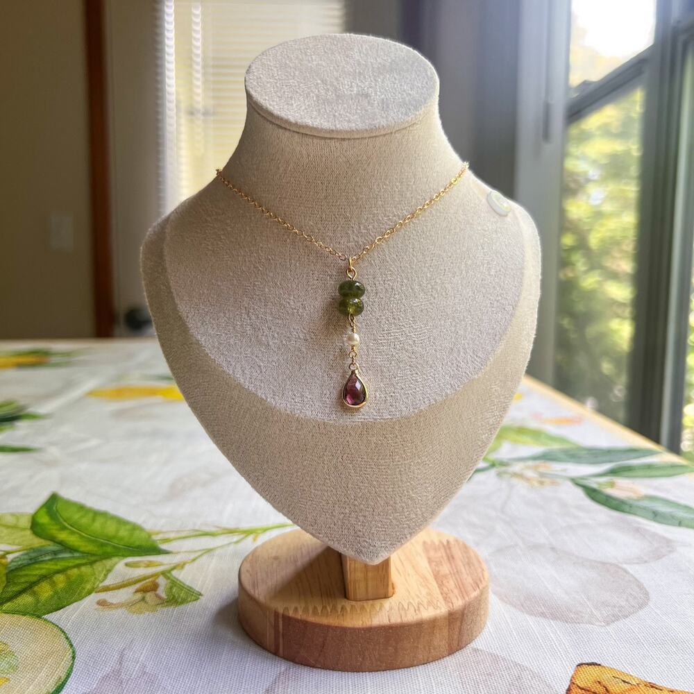 Novelty Dark Moss Olive Green Pearl Quartz Glass Garnet Long Casual Necklace